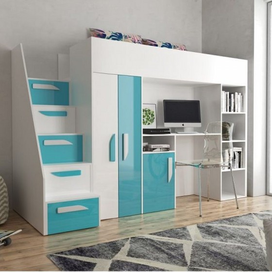 Lit combiné enfant 90x200  avec escalier et rangements, Gamme dream