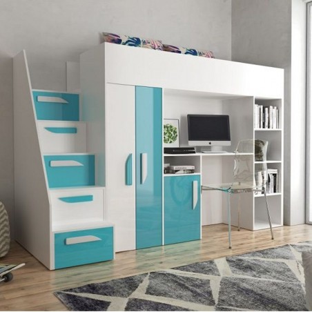 Lit combiné enfant 90x200  avec escalier et rangements, Gamme dream