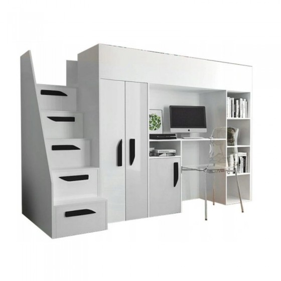 Lit combiné enfant 90x200  avec escalier et rangements blanc , Gamme dream
