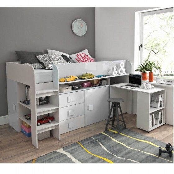Lit combiné enfant 90x200  avec bureau et rangements blanc , Gamme dream