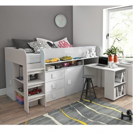 Lit combiné enfant 90x200  avec bureau et rangements blanc , Gamme dream