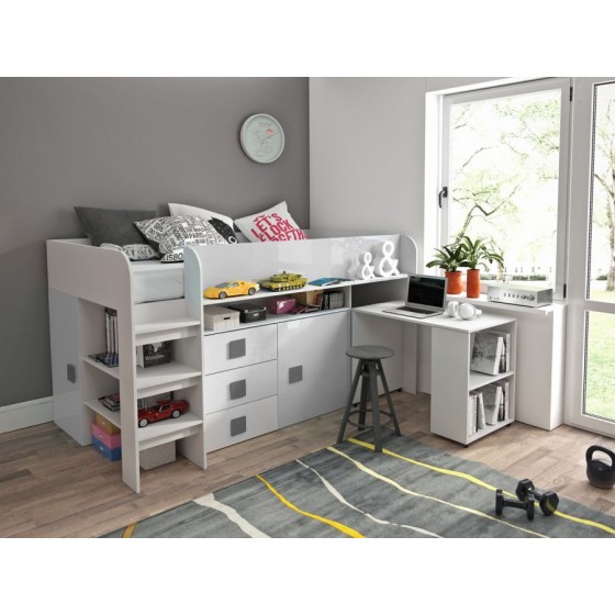 Lit combiné enfant 90x200  avec bureau et rangements blanc , Gamme dream