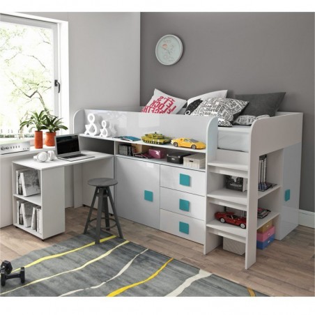 Lit combiné enfant 90x200  avec bureau et rangements blanc , Gamme dream