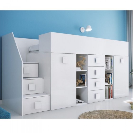Lit combiné enfant 90x200  avec escalier  et  bureau blanc , Gamme dream