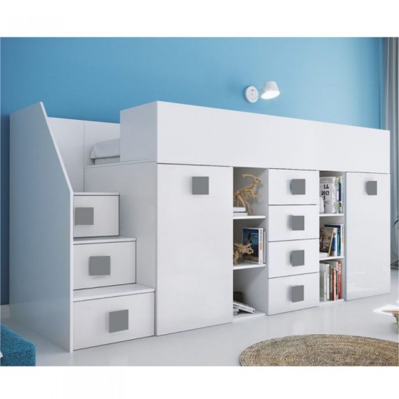 Lit combiné enfant 90x200  avec escalier  et  bureau blanc , Gamme dream