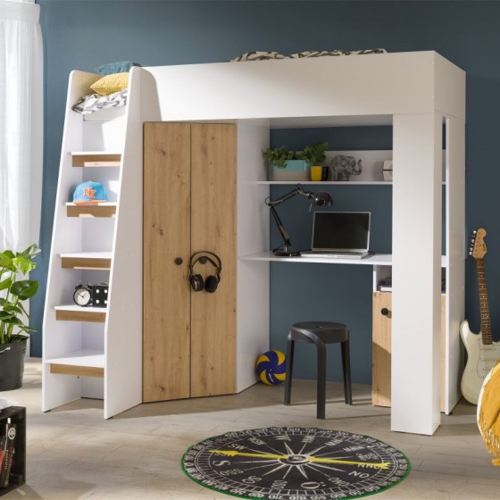 LIT MEZZANINE ENFANT 90X200 AVEC BUREAU ET ARMOIRE, GAMME SMART