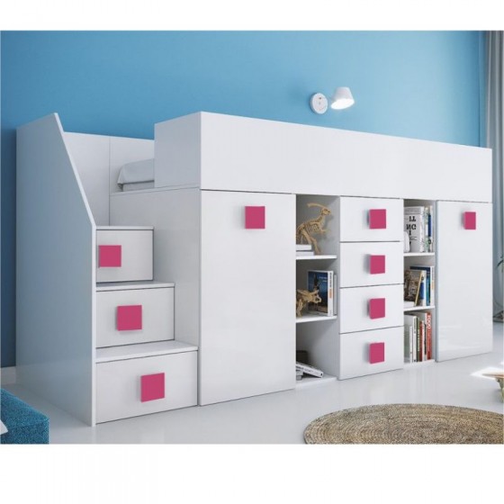 Lit combiné enfant 90x200  avec escalier  et  bureau blanc , Gamme dream