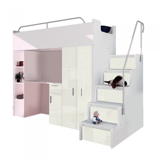 Lit combiné enfant 90x200  avec escalier et rangements brillant , Gamme camy
