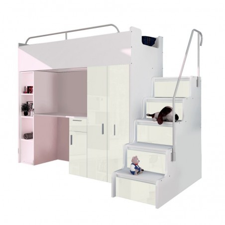 Lit combiné enfant 90x200  avec escalier et rangements brillant , Gamme camy