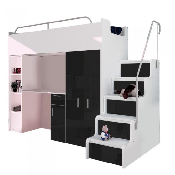 Lit combiné enfant 90x200  avec escalier et rangements brillant , Gamme camy