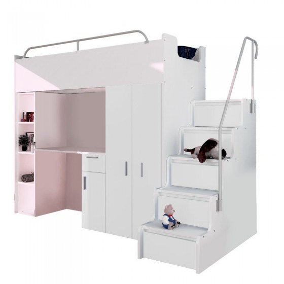 Lit combiné enfant 90x200  avec escalier et rangements  , Gamme camy