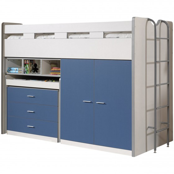 Lit mezzanine 90x200 avec bureau et rangements, Gamme bonny