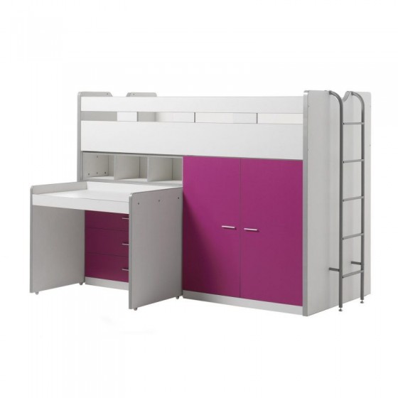 Lit mezzanine 90x200 avec bureau et rangements, Gamme bonny