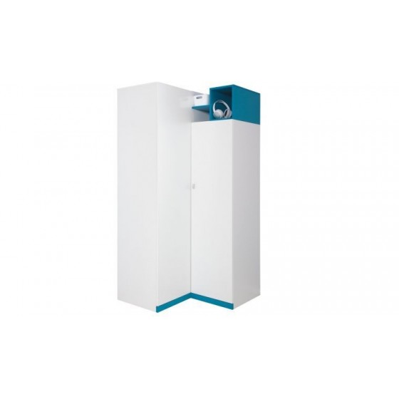 Armoire d'angle enfant en bois blanc et bleu en bois mélaminé, 2 portes, 5 niches, Gamme braga