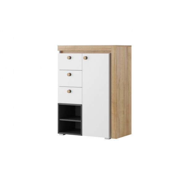 Commode enfant, 1 porte, 3 tiroirs et 2 niches, couleur blanc et bois, Gamme YPRES
