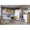 Commode enfant, 1 porte, 3 tiroirs et 2 niches, couleur blanc et bois, Gamme YPRES