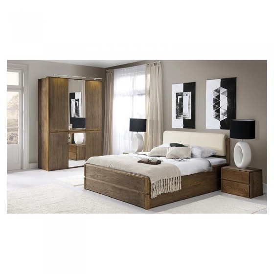 Lit en chêne sommier relevable et coffre de rangement, couleur Chêne foncé, dimension 140 x 200, Gam