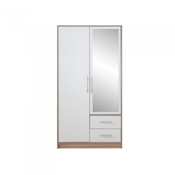 Armoire-dressing blanc et chêne, 2 portes, 2 tiroirs, 1 miroir, Gamme nyon