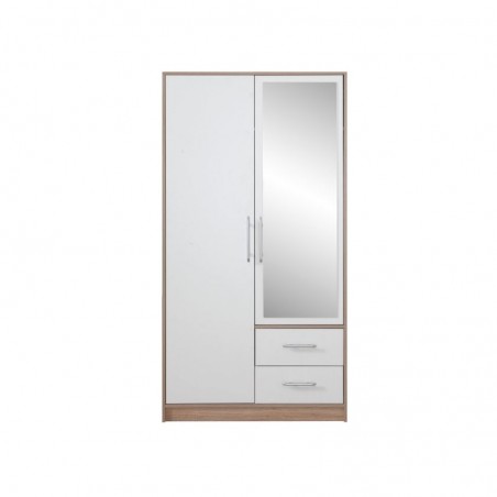 Armoire-dressing blanc et chêne, 2 portes, 2 tiroirs, 1 miroir, Gamme nyon