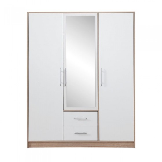 Armoire-dressing blanc et chêne, 3 portes, 2 tiroirs, 1 miroir, Gamme nyon