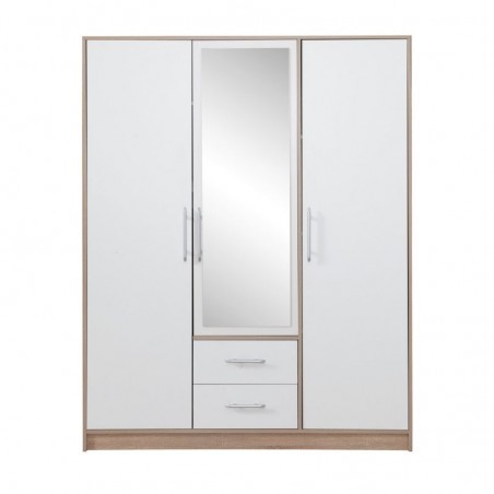 Armoire-dressing blanc et chêne, 3 portes, 2 tiroirs, 1 miroir, Gamme nyon