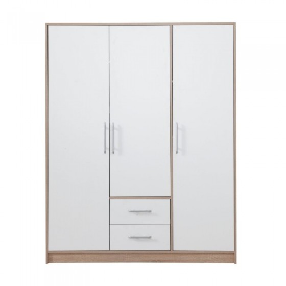 Armoire-dressing blanc et chêne, 3 portes, 2 tiroirs, Gamme nyon