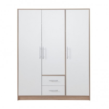 Armoire-dressing blanc et chêne, 3 portes, 2 tiroirs, Gamme nyon