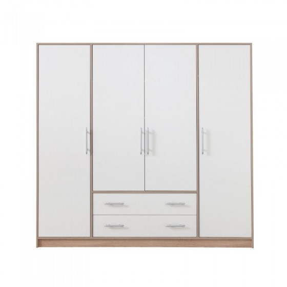 Armoire-dressing blanc et chêne, 4 portes, 2 tiroirs, Gamme nyon