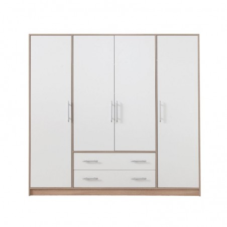 Armoire-dressing blanc et chêne, 4 portes, 2 tiroirs, Gamme nyon