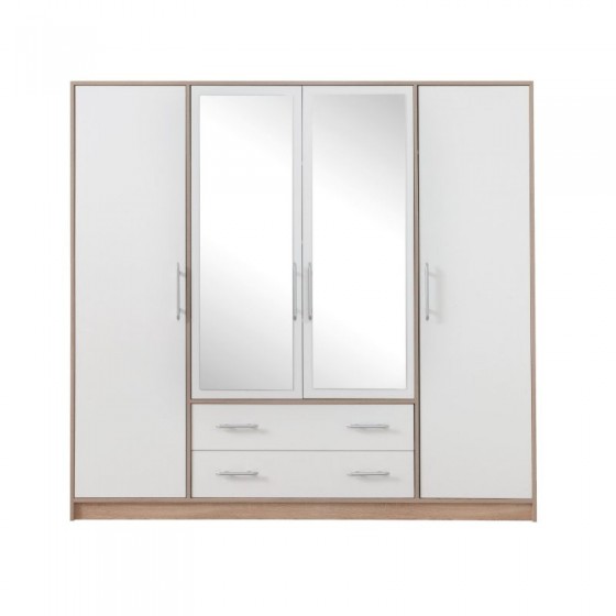 Armoire-dressing blanc et chêne, 4 portes, 2 tiroirs, 2 miroirs, Gamme nyon