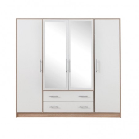 Armoire-dressing blanc et chêne, 4 portes, 2 tiroirs, 2 miroirs, Gamme nyon