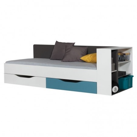 Lit ado en bois, blanc et bleu, espace de rangement, Gamme lagos