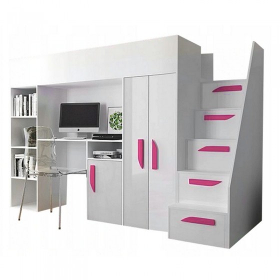 Lit combiné enfant 90x200  avec escalier et rangements blanc , Gamme dream