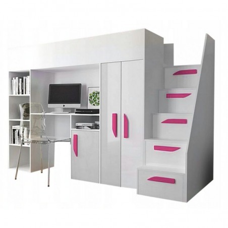 Lit combiné enfant 90x200  avec escalier et rangements blanc , Gamme dream