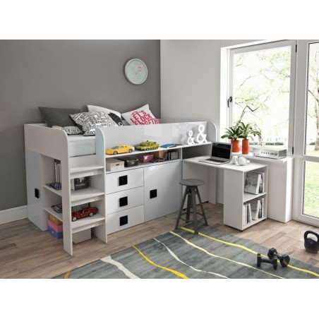 Lit combiné enfant 90x200  avec bureau et rangements blanc , Gamme dream