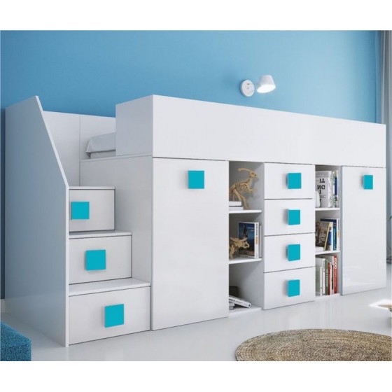 Lit combiné enfant 90x200  avec escalier  et  bureau blanc , Gamme dream