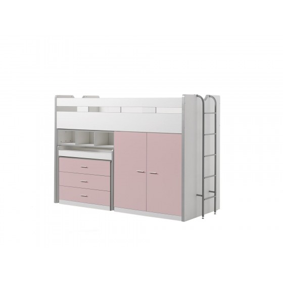 Lit mezzanine 90x200 avec bureau et rangements, Gamme bonny