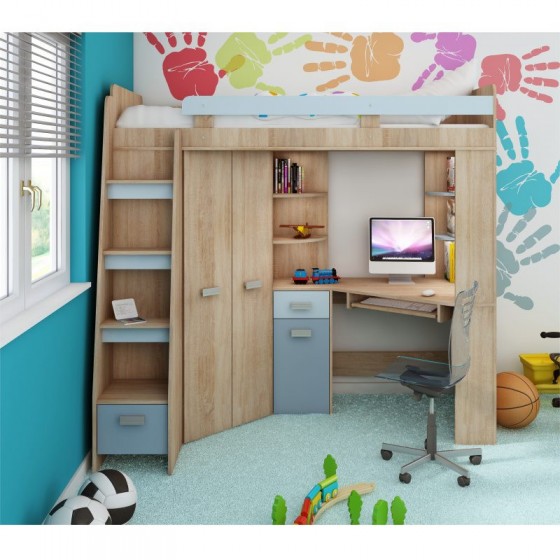 Lit mezzanine enfant en bois, espace bureau et rangements, 1 échelle,  Gamme gramsh