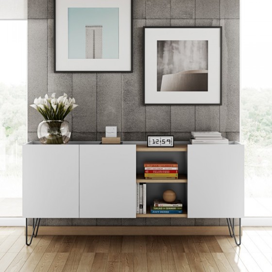 Buffet design, 180 cm longeur, 3 portes, chêne et noir, Gamme nina