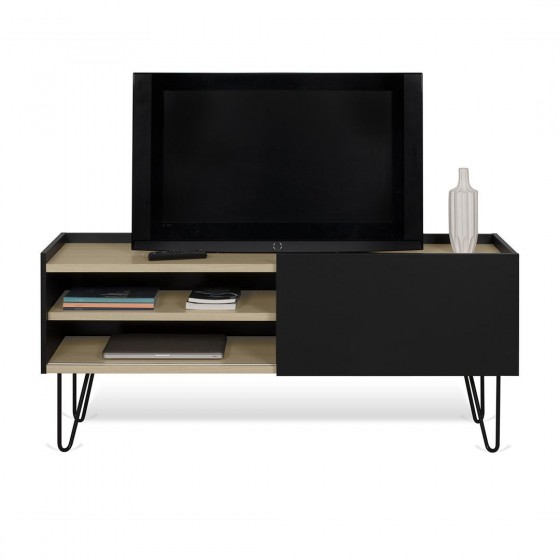 Meuble tv design avec une porte coulissante, chêne et noir, Gamme nina
