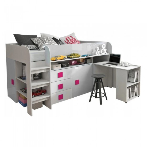 Lit combiné enfant 90x200  avec bureau et rangements blanc , Gamme dream