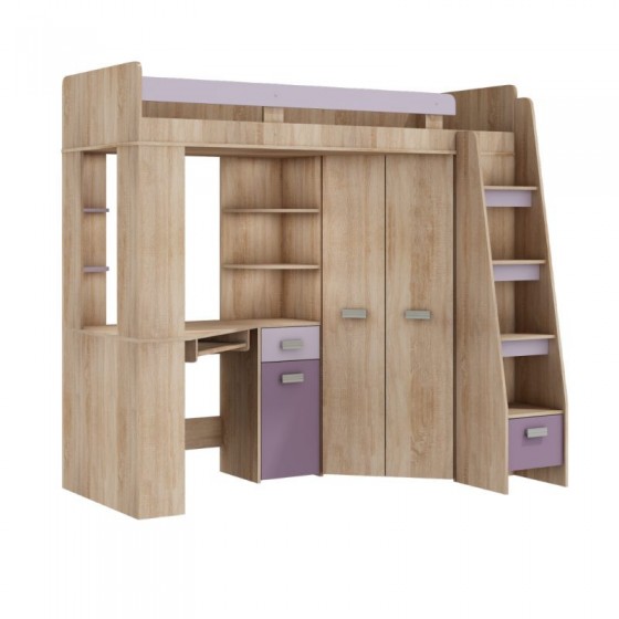 Lit mezzanine enfant en bois, espace bureau et rangements, 1 échelle,  Gamme gramsh