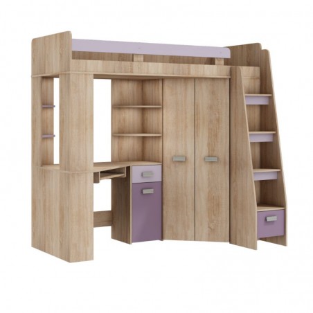 Lit mezzanine enfant en bois, espace bureau et rangements, 1 échelle,  Gamme gramsh
