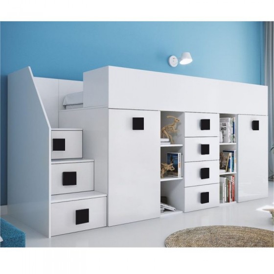 Lit combiné enfant 90x200  avec escalier  et  bureau blanc , Gamme dream
