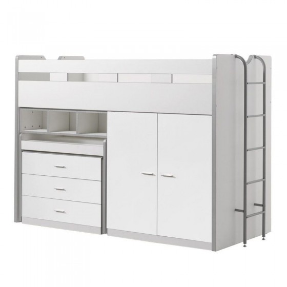 Lit mezzanine 90x200 avec bureau et rangements, Gamme bonny