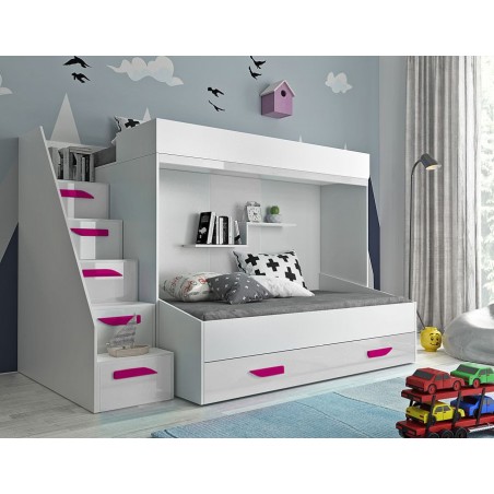 Lit superposé avec tiroir de rangement et escalier blanc, Gamme dream