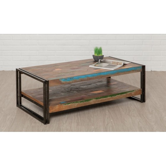 Table basse double plateau en teck recyclé, rectangulaire, Gamme atelier