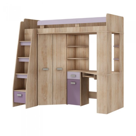 Lit mezzanine enfant en bois, espace bureau et rangements, 1 échelle,  Gamme gramsh