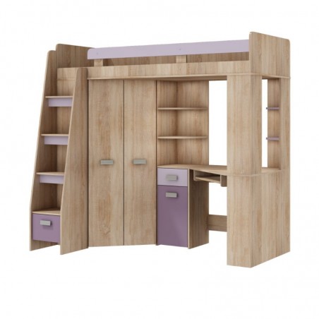 Lit mezzanine enfant en bois, espace bureau et rangements, 1 échelle,  Gamme gramsh