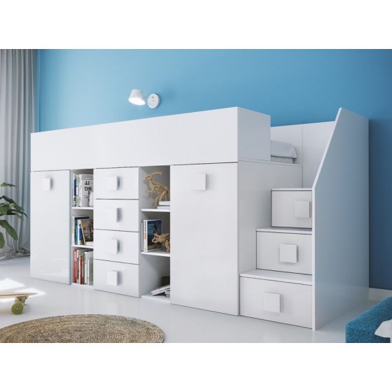 Lit combiné enfant 90x200  avec escalier  et  bureau blanc , Gamme dream
